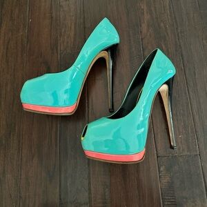 Giuseppe Zanotti Turquoise Tri-color Patent Leather Peep-Toe Platform Pump